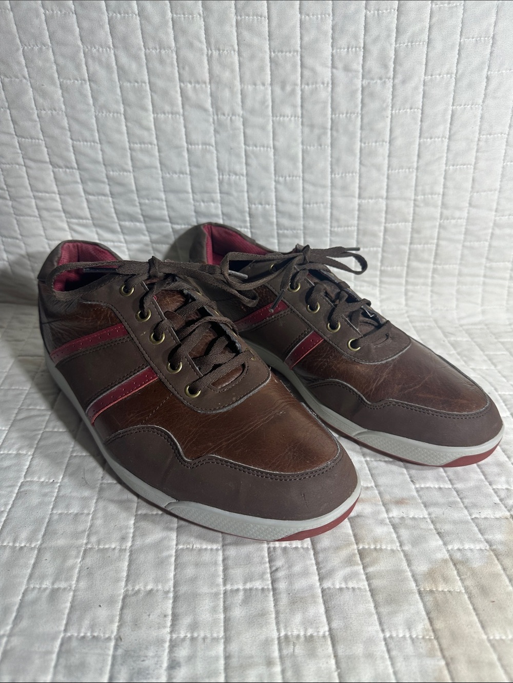 FootJoy Contour Brown Leather Golf Sneakers with Burgundy Stripes